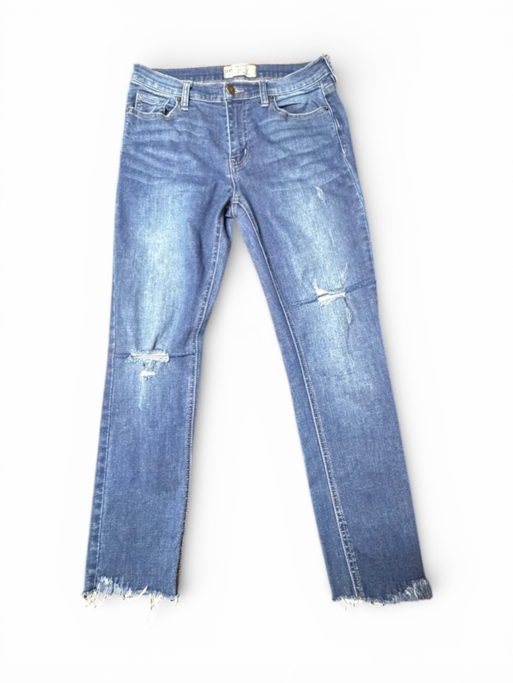 Free People Midwash Straight Leg Jeans with Distressed Hem